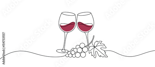 Two Glasses of Red Wine with Grapes and Vine Leaf