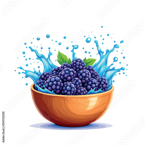 Vsai fresh blackberries splashing with water in wooden bowl