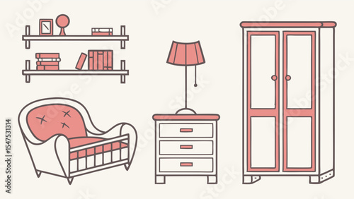 Home Furniture Set Icons Illustration Armchair Shelf Nightstand Wardrobe Simple Pink Line Art Design Elements