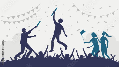 Happy people celebrating victory success achievement in silhouette with cheering crowd confetti flags and banners event party