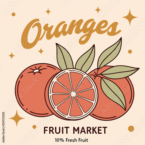 Vintage Style Illustration of Juicy Oranges and Leaves for Fruit Market Design Featuring a Sliced Orange and Two