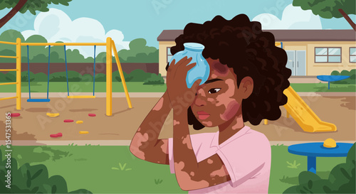 Young girl applying cold compress on forehead while at playground  