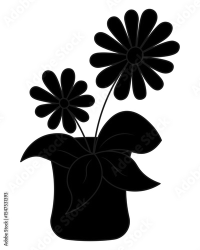 Houseplant. Silhouette. Flower in a pot with inflorescences and large leaves. Vector illustration. Isolated white background. Cartoon. Idea for web design.