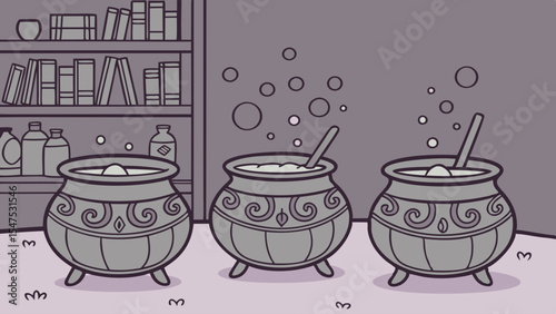 Three bubbling cauldrons with magic potion and spoons, fantasy alchemy lab experiment, Halloween spooky