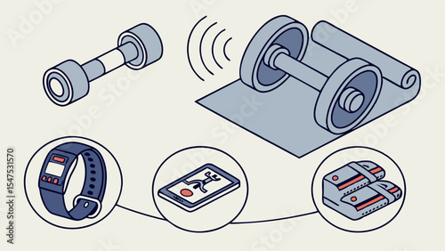 Smart fitness technology illustration with exercise equipment, wearable devices, and app for tracking workouts and health