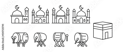 Collection of Islamic icons including mosques, drums, and the Kaaba.
