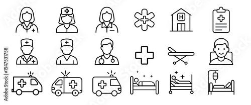 Collection of simple line icons related to healthcare and medicine.