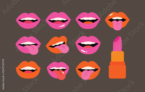 Collection of colorful lips with various expressions and a lipstick tube