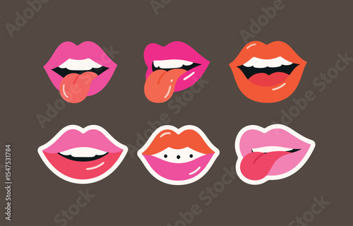 Collection of six colorful lips with tongues sticking out in pop art style