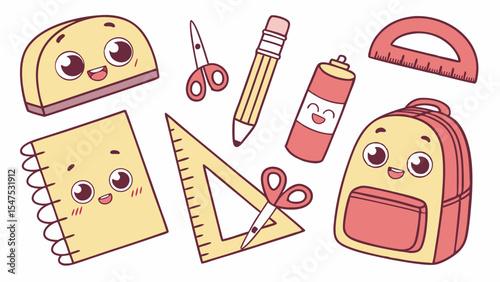 Cute Kawaii School Supplies Set Back To School Stationery Education Illustration