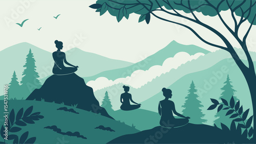 Women Meditating In Peaceful Nature Landscape Silhouette Mountains Trees Outdoor Wellness Mindfulness Spiritual Calm