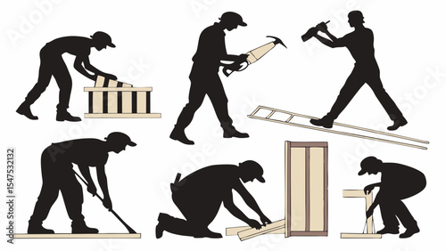 Construction Workers Silhouettes Set Building and Working with Tools