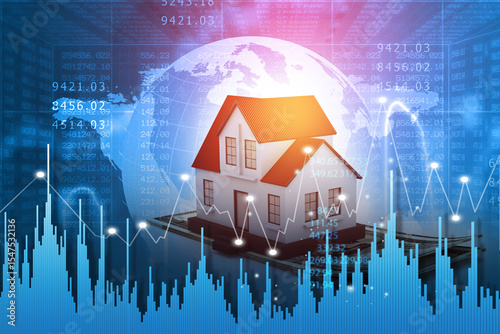House market growth, building, stock market. 3d illustration