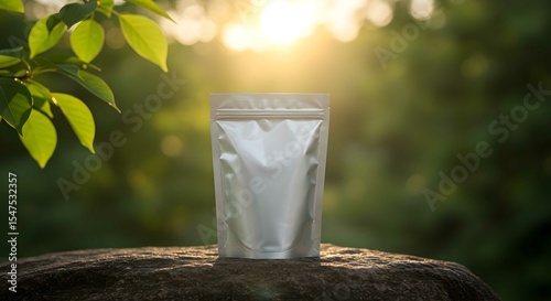Blank white stand up pouch on rock with green leaves and sun flare. Food packaging mockup for organic natural product concept.