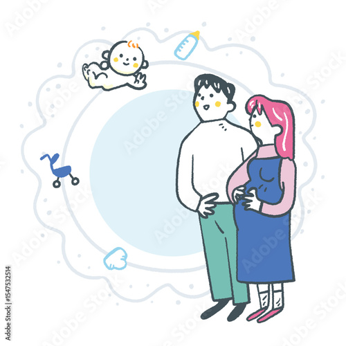 丸くつながる新しい家族を迎える若い夫婦 ストックイラスト素材
