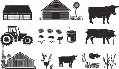 Black and White Farm Life Icons Featuring Barns Tractors Cows and Crops Representing Agriculture Rural Living and Countryside Elements in a Simple and Graphic Style