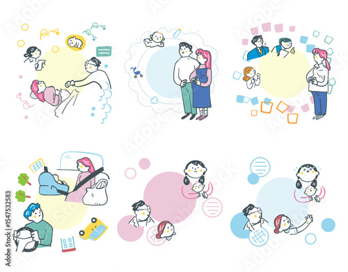 丸くつながる妊婦検診や産後鬱、社会のサポート　セットのストックイラスト素材
