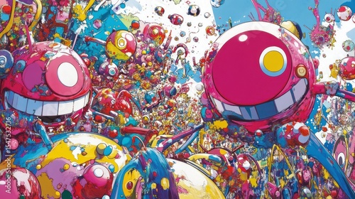 Vibrant, cartoonish, crowded scene