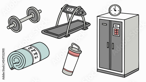 Collection of gym fitness health exercise workout sports equipment objects including dumbbell treadmill mat locker water bottle