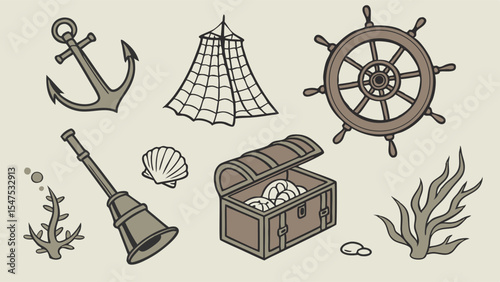 Pirate Nautical Sea Ocean Adventure Set Anchor Ship Wheel Treasure Chest Telescope Sea Shell Illustration