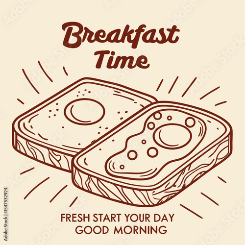 Vintage Style Illustration Two Slices Brown Toast Breakfast Time Graphic Design Element Beige Background