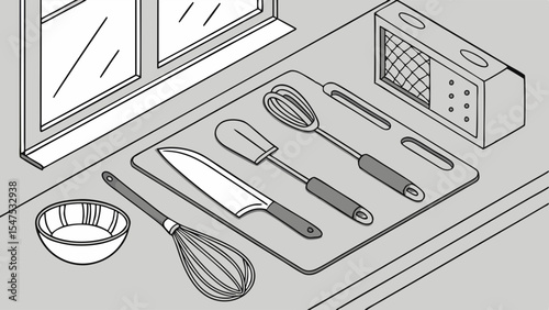 Simple line art illustration of kitchen cooking tools and utensils knife spatula whisk cutting board bowl grater
