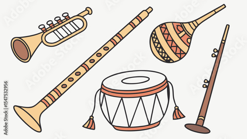 Simple illustration of traditional folk musical instruments set trumpet flute drum maraca vector