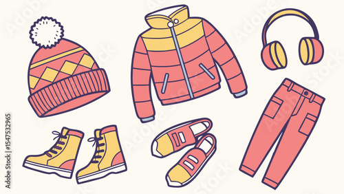 Winter clothing set jacket hat boots pants earmuffs sneakers cold weather fashion apparel