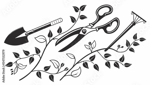 Gardening tools shovel shears rake and growing plants vines leaves buds simple black white line art illustration