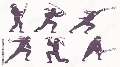 Set of Ninja Warriors in Various Action Poses Holding Swords Martial Arts Training and Combat Collection