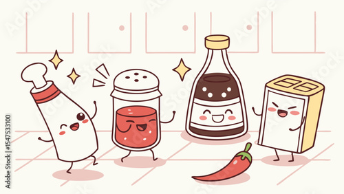Cute cartoon happy food characters illustration kitchen cooking ingredients soy sauce tofu spice chili pepper