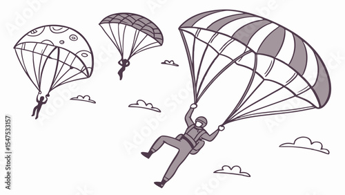 Skydiving and parachuting extreme sport. Group of skydivers with open parachutes in the sky. Adventure freedom thrill.