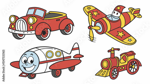 Cute cartoon transportation vehicles set illustration with car airplane and train toys for kids fun and playful design