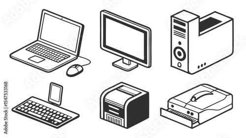 Isometric set of computer and office technology devices laptop desktop monitor printer scanner keyboard mouse electronics business
