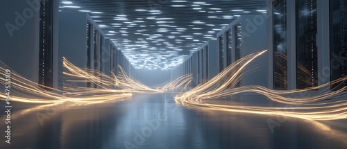 Data Center Corridor with Light Trails