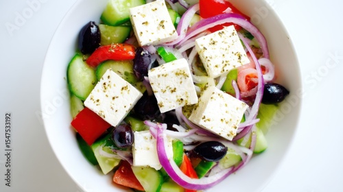Vibrant fresh salad in white bowl with feta cheese, red bell peppers, purple onions, black olives, cucumber slices, herbs, light background.