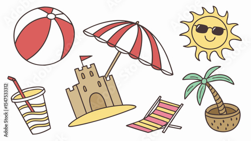Cute summer beach vacation holiday elements collection set hand drawn style illustration isolated on white background.