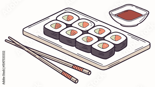 Sushi maki rolls with chopsticks and soy sauce on plate Japanese food illustration isolated