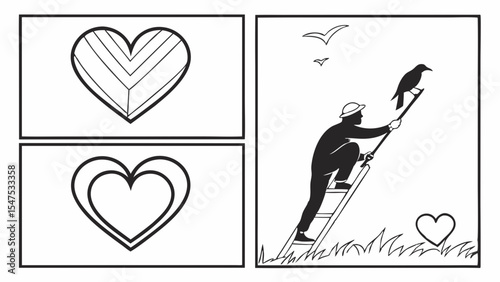Heart symbols and person climbing ladder reaching for bird. Silhouette graphic representing ambition, love, hope, and freedom. Outdoor nature scene.