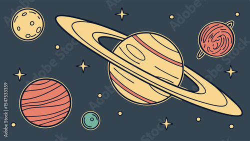Colorful retro cartoon space background with planets, stars, and Saturn with rings. Outer space illustration.