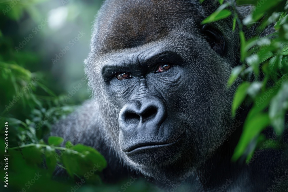 Fototapeta premium Majestic gorilla observing its rainforest surroundings in the morning light