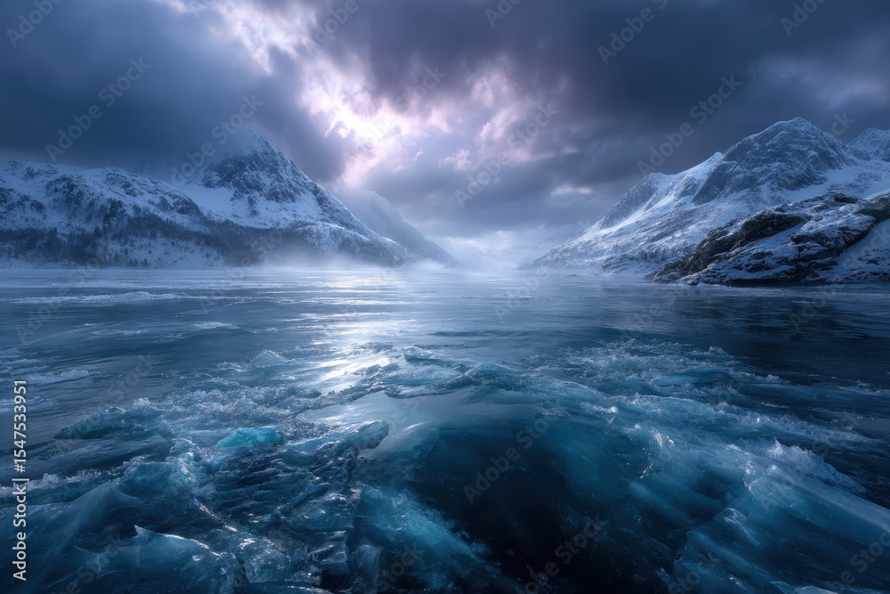 Fototapeta premium Majestic icebergs surrounded by mountains under a dramatic sky in a remote location