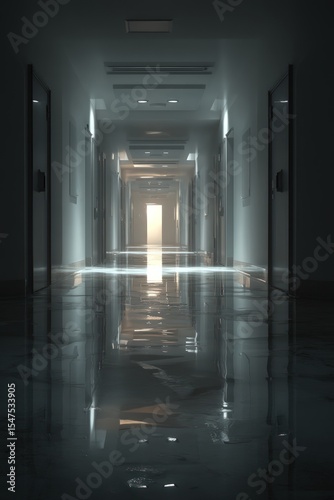Flooded Hospital Corridor: Dark, Reflective Floor