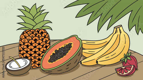 Tropical fruits still life with pineapple papaya bananas coconut and grapefruit on wooden table healthy fresh summer exotic food