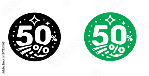 Two circular discount stickers showing fifty percent off in black and green with starbursts around them