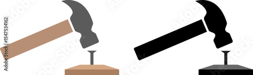 Hammer beat to nail icon set.  Working process. Repair tool. Carpenter hammer. construction industry