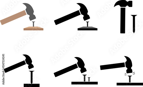 Hammer beat to nail icon set. repairing working tools icons. hammer hitting a nail. Building tool symbol. Construction signs
