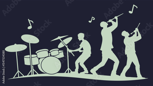 Live music band concert performance silhouette with musicians playing drums guitar horns entertainment background