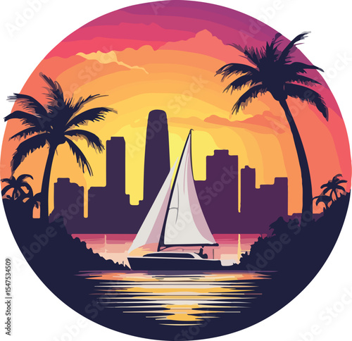 Tropical Cityscape Sunset with Sailboat a vibrant illustration featuring a sailboat gliding across water against a backdrop of a city skyline palm trees and a