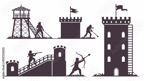 Ancient Medieval Castle Defense War Battle Silhouette Set Soldiers Archers Vector Illustration
